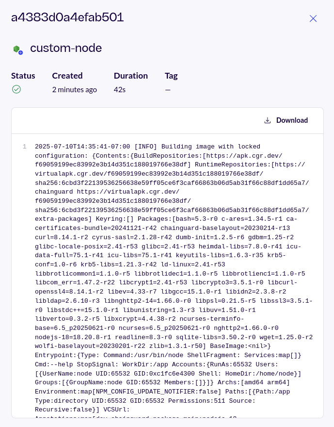 Screenshot of a customized container image build's logs, showing a successful build.