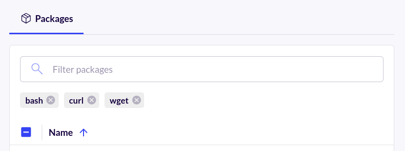 Screenshot of the custom-node image's customization menu, before the preview screen. It shows three packages that have been added but can also be removed: bash, curl, and wget.