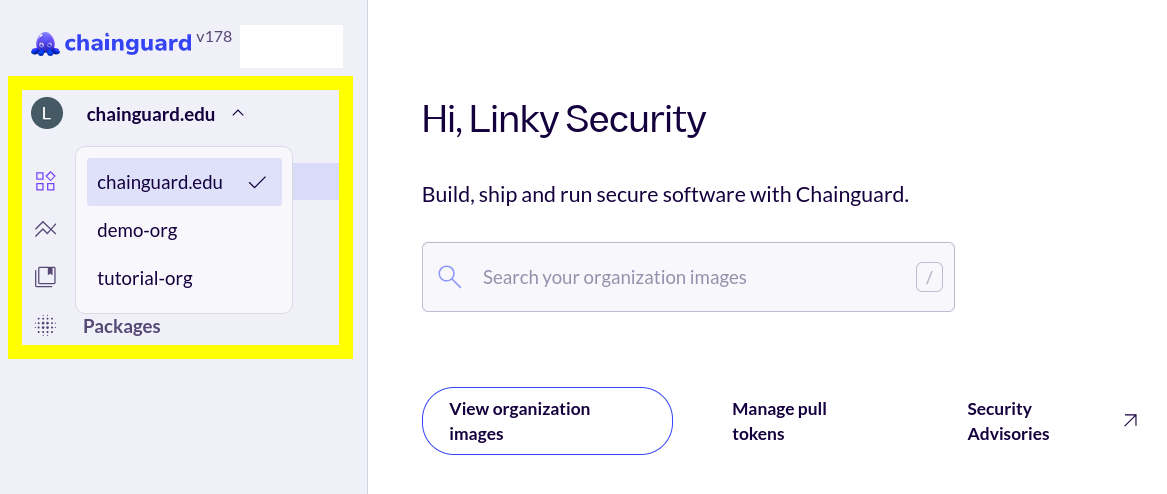 Screenshot of the Chainguard console, with the Organization selection drop-down menu highlighted in a yellow box.