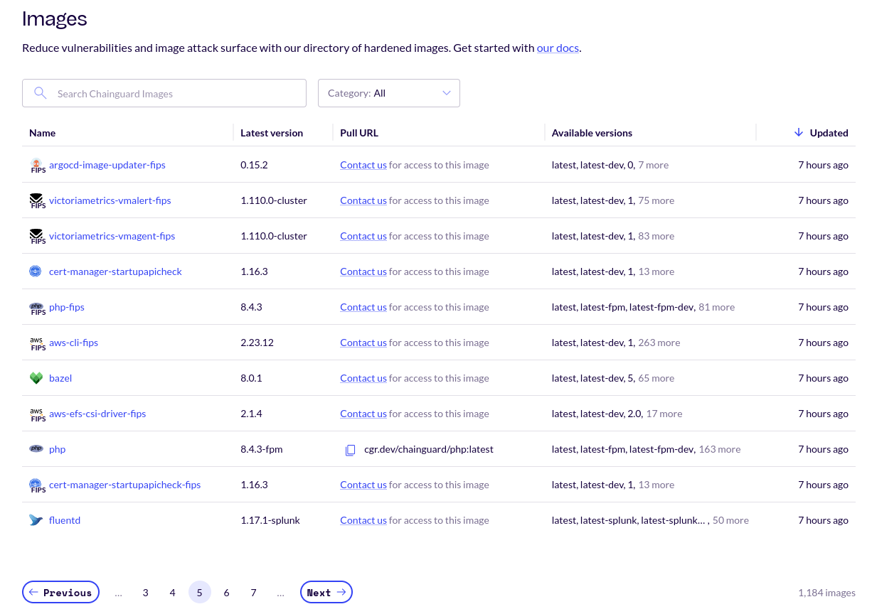 Screenshot of the public container images directory in the Console. The table is sorted by the &ldquo;Updated&rdquo; column in ascending order, meaning that the most recently updated container images are shown first.